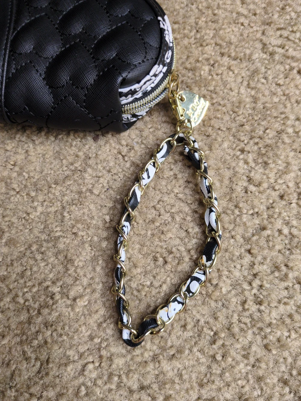 Betsey Johnson Black Quilted Heart Wristlet with Gold Chain Strap